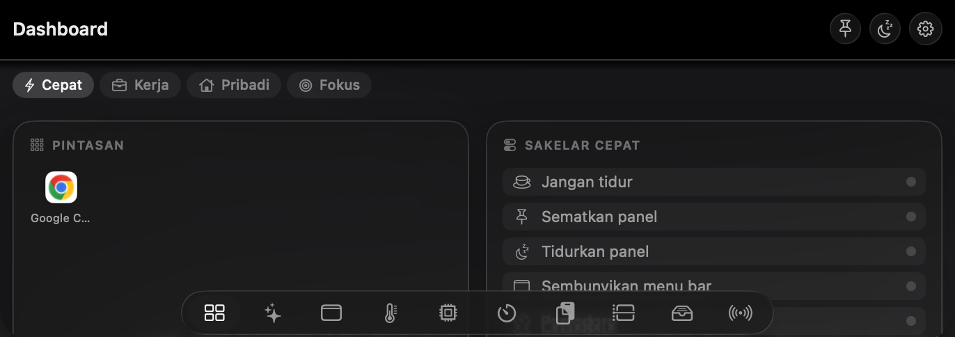 Modul Dashboard pada profil Cepat: kartu Pintasan dan Sakelar Cepat