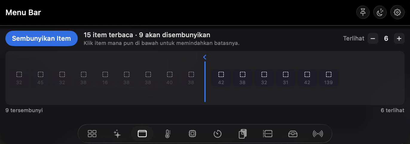 Modul Menu Bar: 15 item terbaca, 9 akan disembunyikan, dengan pemisah biru yang bisa digeser