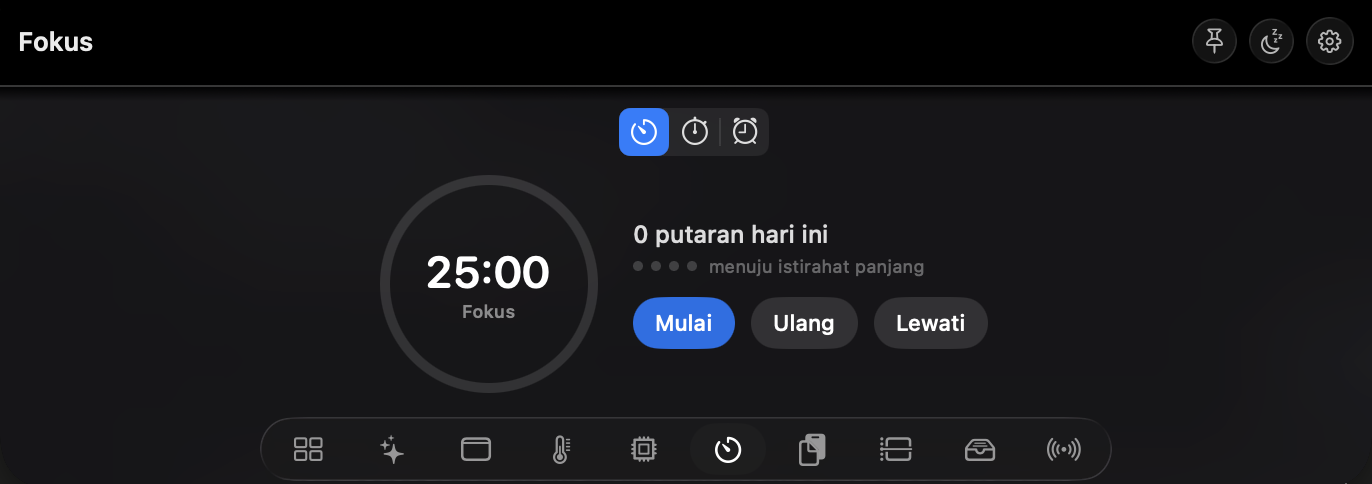 Modul Fokus pada mode Pomodoro, dengan pemilih tiga mode di atasnya